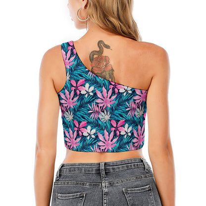 Blue And Pink Watercolor Hawaiian Print One Shoulder Crop Top