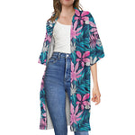 Blue And Pink Watercolor Hawaiian Print Open Front Beach Cover Up