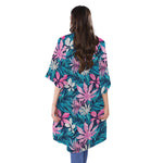 Blue And Pink Watercolor Hawaiian Print Open Front Beach Cover Up
