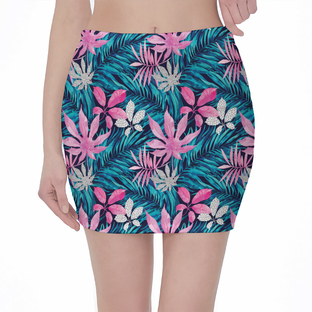 Blue And Pink Watercolor Hawaiian Print Pencil Mini Skirt