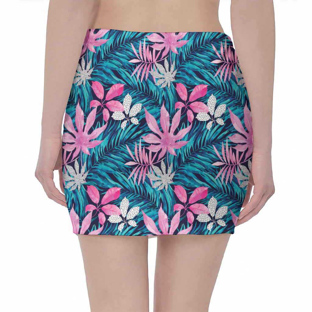Blue And Pink Watercolor Hawaiian Print Pencil Mini Skirt