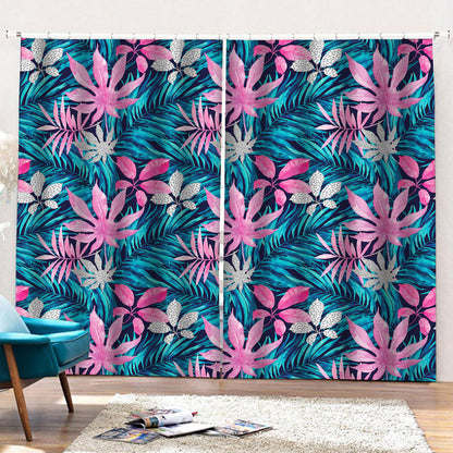 Blue And Pink Watercolor Hawaiian Print Pencil Pleat Curtains