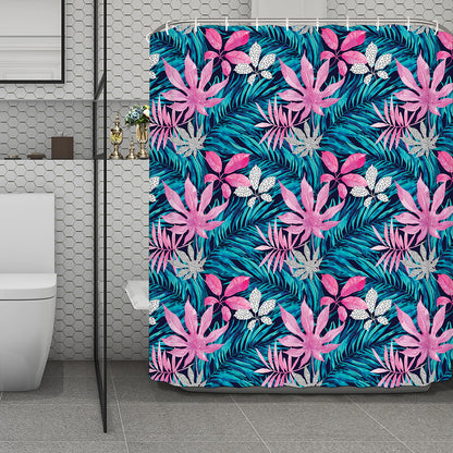 Blue And Pink Watercolor Hawaiian Print Polyester Shower Curtain