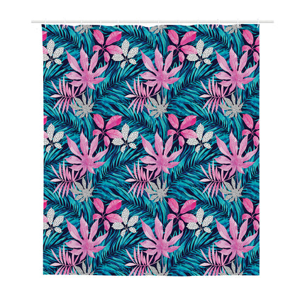Blue And Pink Watercolor Hawaiian Print Polyester Shower Curtain