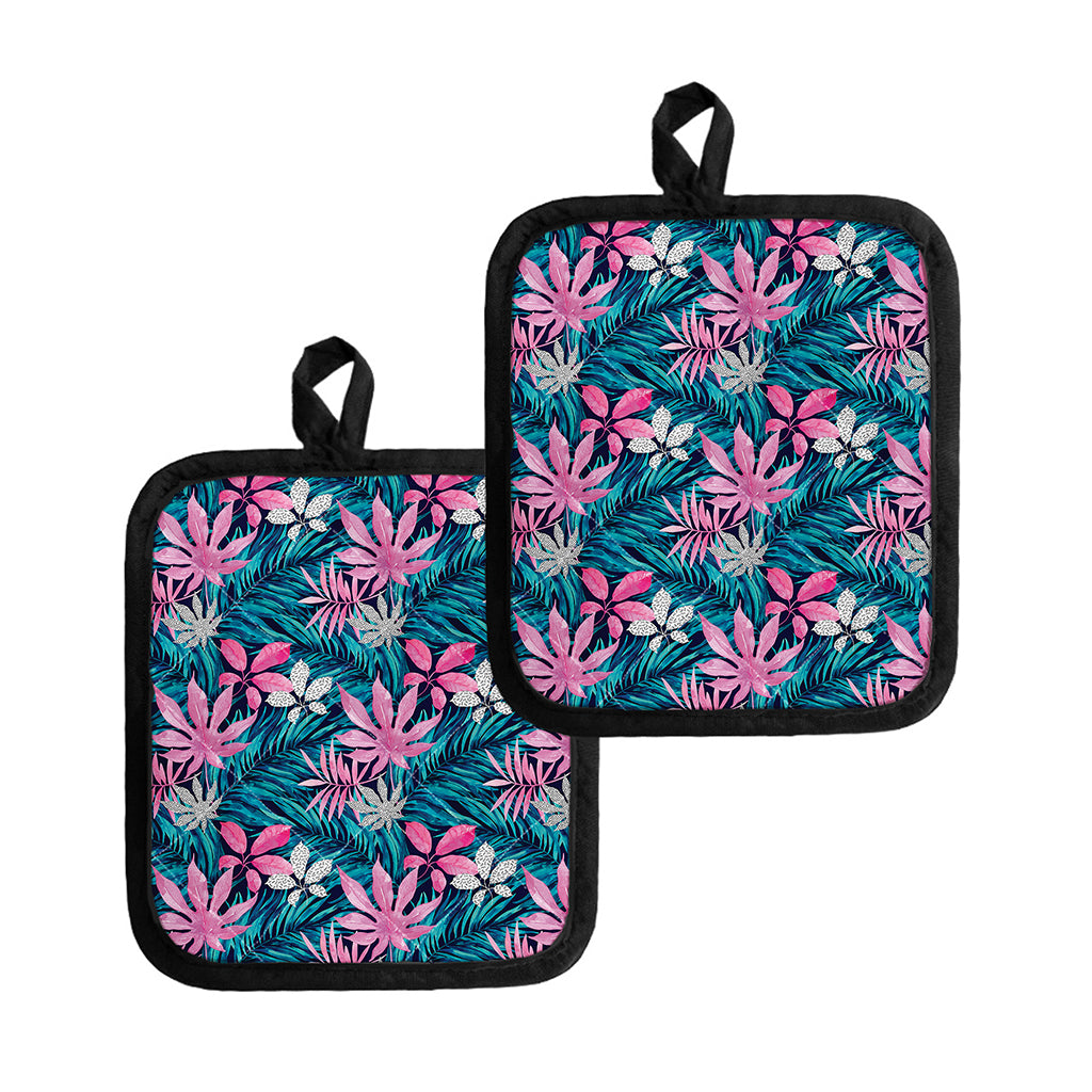 Blue And Pink Watercolor Hawaiian Print Pot Holders