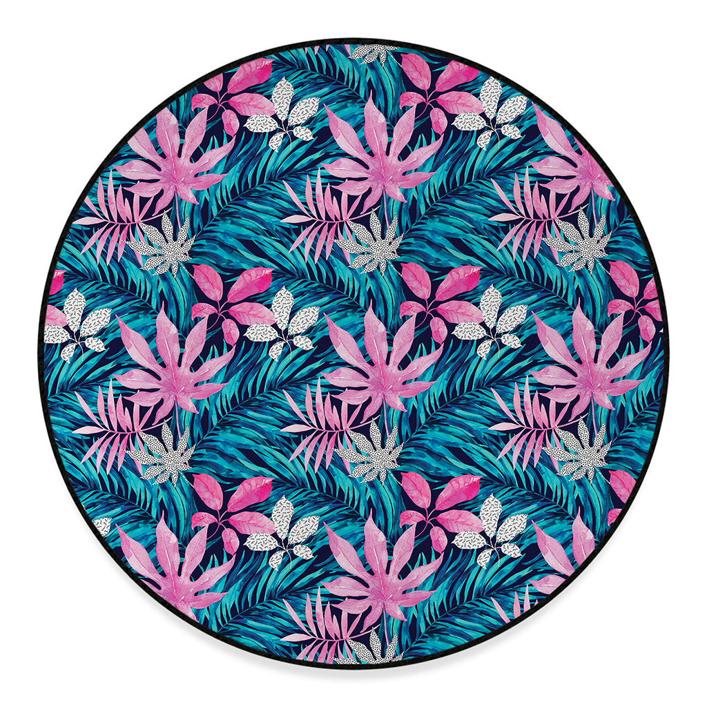 Blue And Pink Watercolor Hawaiian Print Round Floor Mat