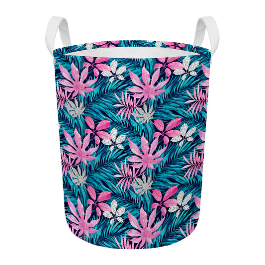 Blue And Pink Watercolor Hawaiian Print Round Laundry Basket