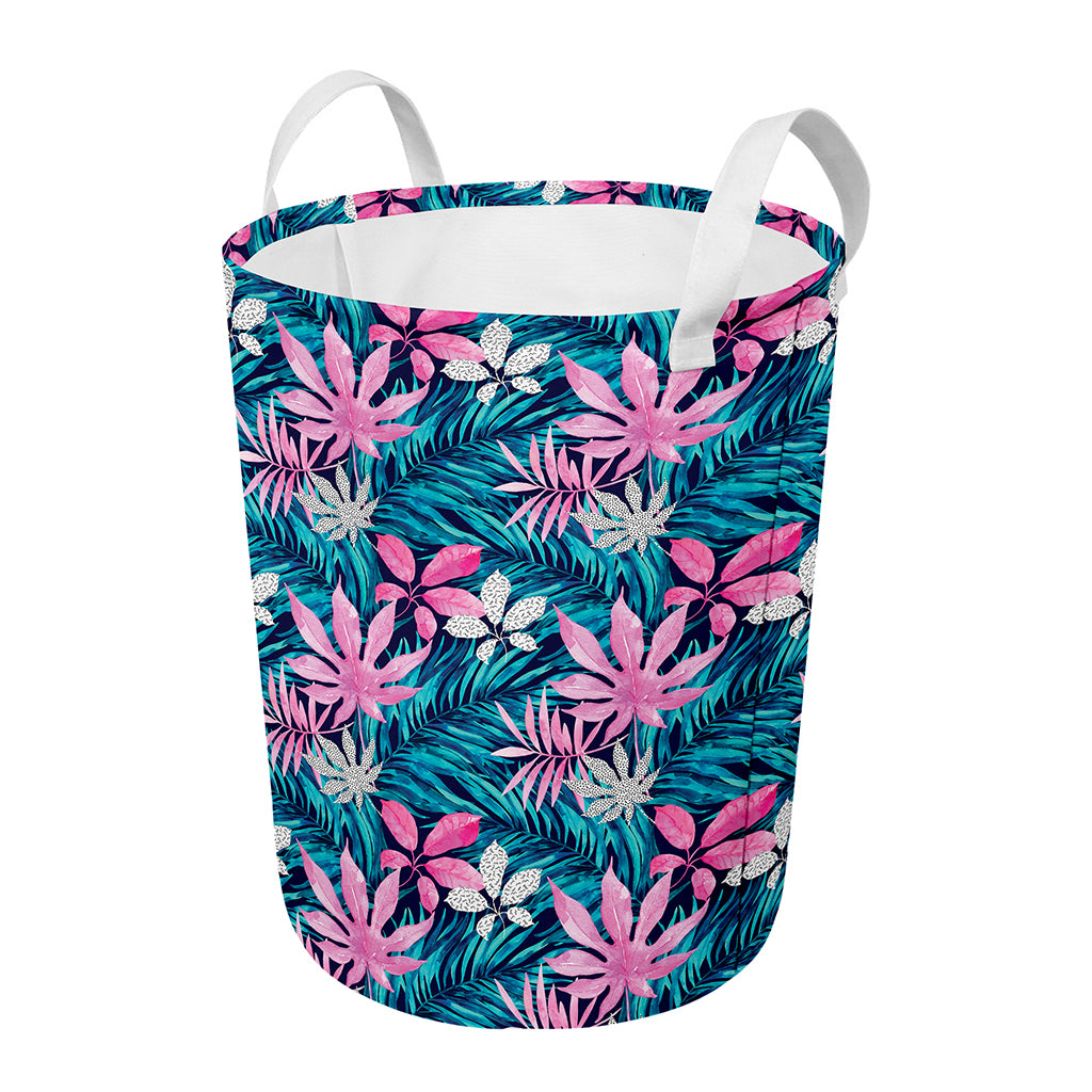 Blue And Pink Watercolor Hawaiian Print Round Laundry Basket
