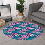 Blue And Pink Watercolor Hawaiian Print Round Rug