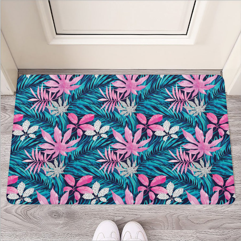 Blue And Pink Watercolor Hawaiian Print Rubber Doormat
