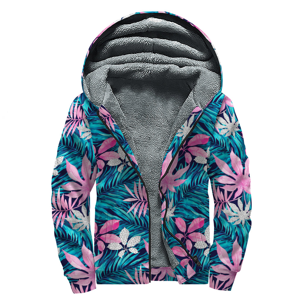 Blue And Pink Watercolor Hawaiian Print Sherpa Lined Zip Up Hoodie