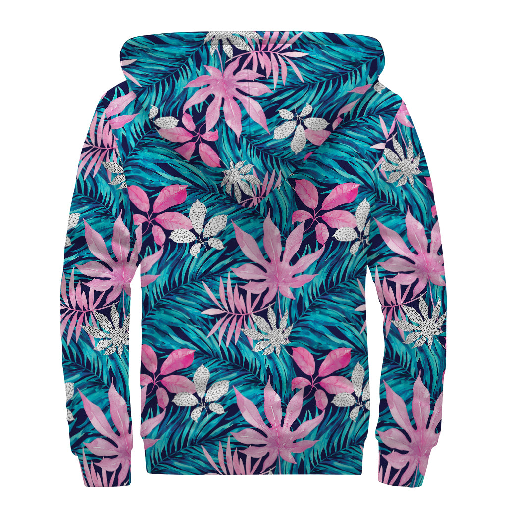 Blue And Pink Watercolor Hawaiian Print Sherpa Lined Zip Up Hoodie
