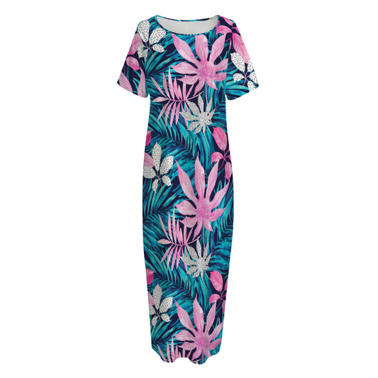 Blue And Pink Watercolor Hawaiian Print Short Sleeve Long Nightdress