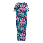 Blue And Pink Watercolor Hawaiian Print Short Sleeve Long Nightdress