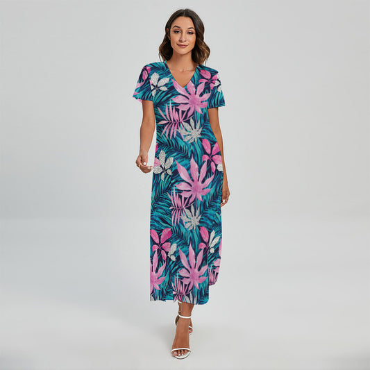 Blue And Pink Watercolor Hawaiian Print Short Sleeve Maxi Dress