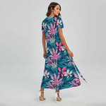 Blue And Pink Watercolor Hawaiian Print Short Sleeve Maxi Dress