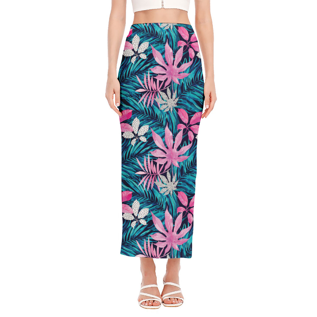Blue And Pink Watercolor Hawaiian Print Side Slit Maxi Skirt