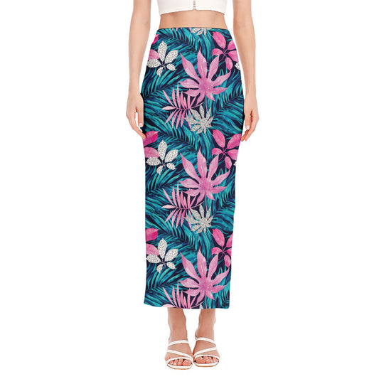Blue And Pink Watercolor Hawaiian Print Side Slit Maxi Skirt