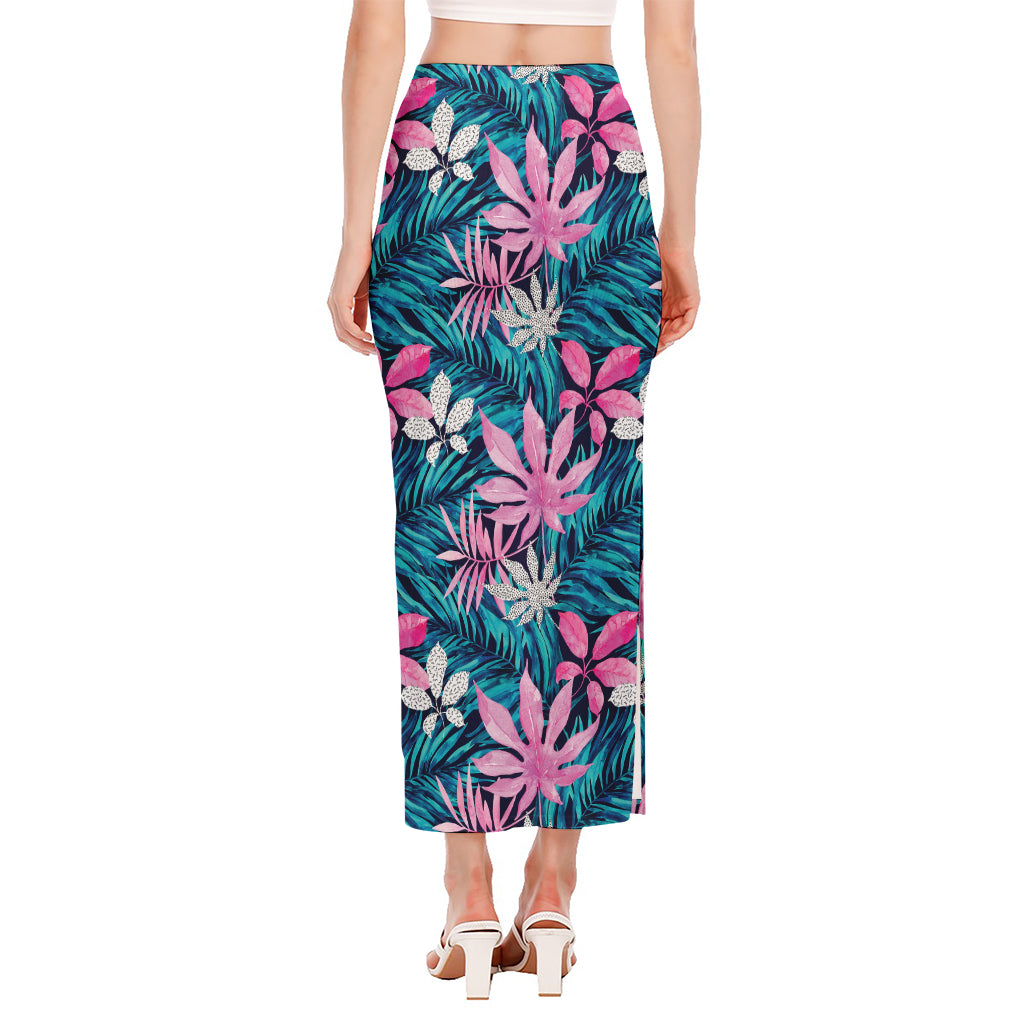 Blue And Pink Watercolor Hawaiian Print Side Slit Maxi Skirt