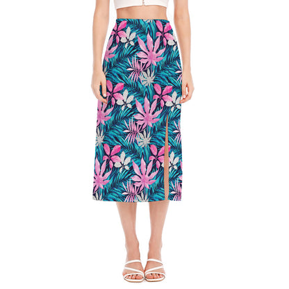 Blue And Pink Watercolor Hawaiian Print Side Slit Midi Skirt