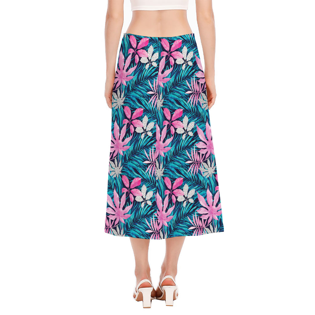 Blue And Pink Watercolor Hawaiian Print Side Slit Midi Skirt