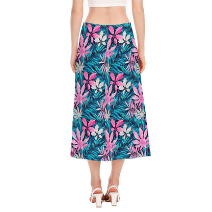 Blue And Pink Watercolor Hawaiian Print Side Slit Midi Skirt