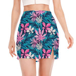Blue And Pink Watercolor Hawaiian Print Side Slit Mini Skirt