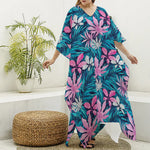 Blue And Pink Watercolor Hawaiian Print Silk V-Neck Kaftan Dress