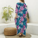 Blue And Pink Watercolor Hawaiian Print Silk V-Neck Kaftan Dress