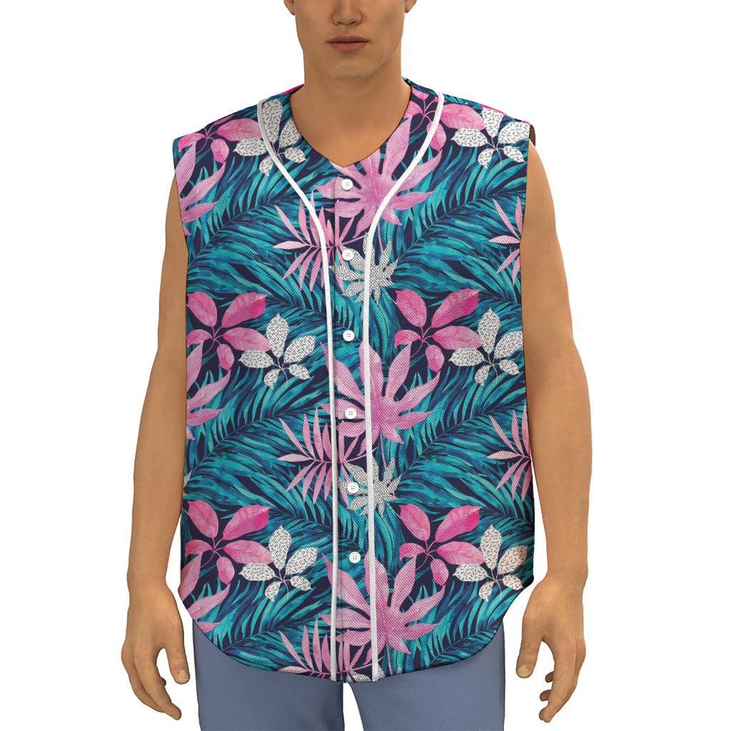 Blue And Pink Watercolor Hawaiian Print Sleeveless Baseball Jersey
