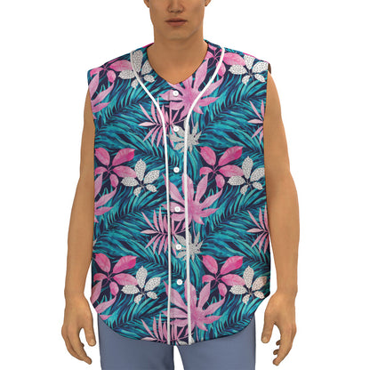 Blue And Pink Watercolor Hawaiian Print Sleeveless Baseball Jersey