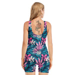 Blue And Pink Watercolor Hawaiian Print Sleeveless One Piece Swimsuit