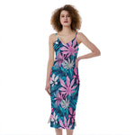 Blue And Pink Watercolor Hawaiian Print Slim Fit Midi Cami Dress