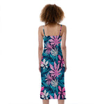 Blue And Pink Watercolor Hawaiian Print Slim Fit Midi Cami Dress