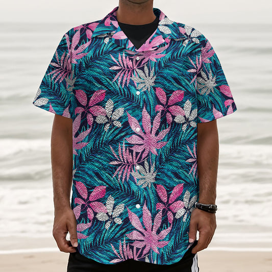 Blue And Pink Watercolor Hawaiian Print Textured Short Sleeve Shirt