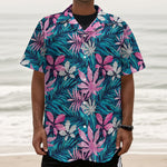 Blue And Pink Watercolor Hawaiian Print Textured Short Sleeve Shirt