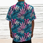 Blue And Pink Watercolor Hawaiian Print Textured Short Sleeve Shirt