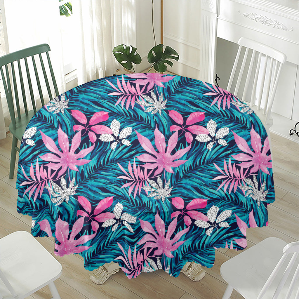 Blue And Pink Watercolor Hawaiian Print Waterproof Round Tablecloth