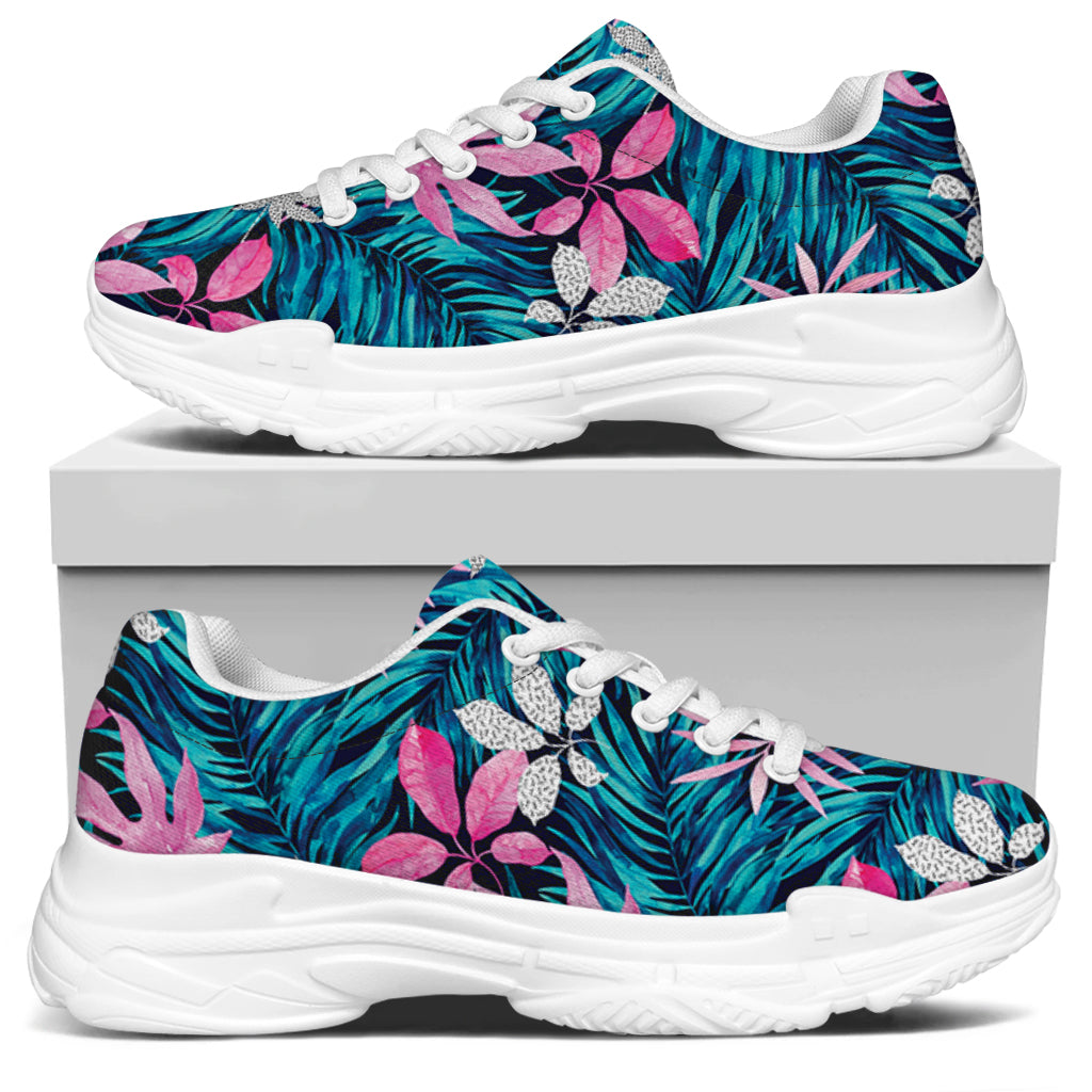 Blue And Pink Watercolor Hawaiian Print White Chunky Shoes