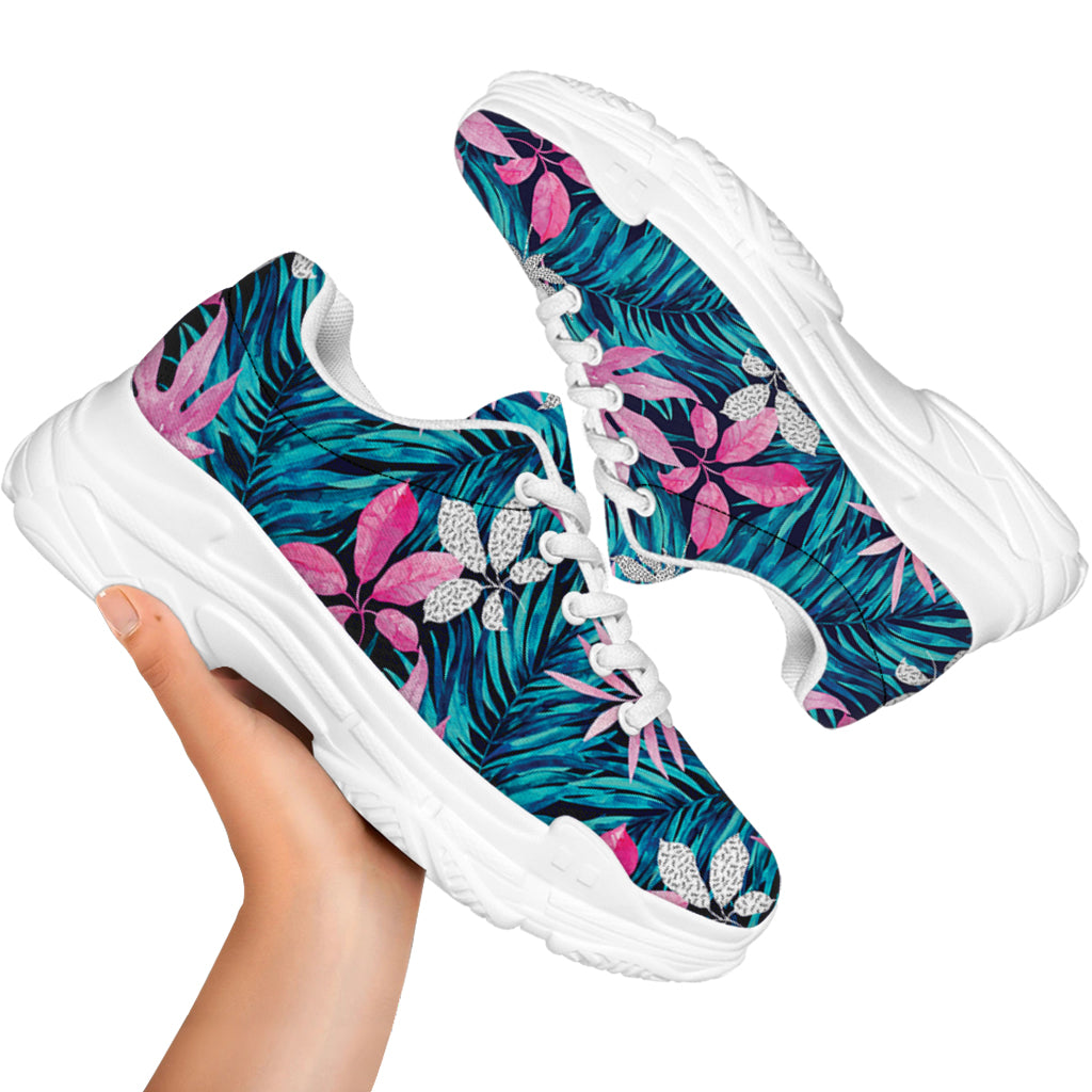 Blue And Pink Watercolor Hawaiian Print White Chunky Shoes