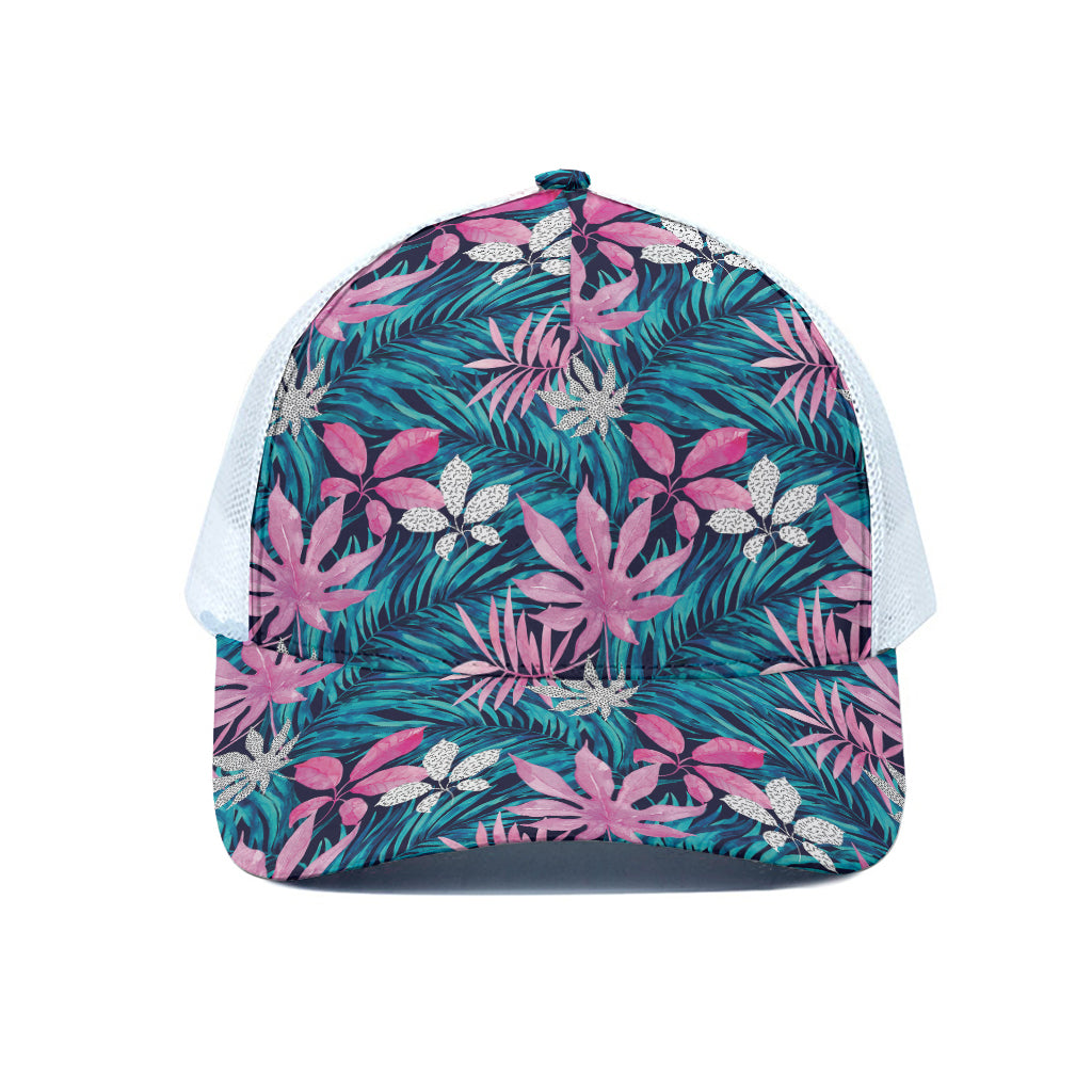 Blue And Pink Watercolor Hawaiian Print White Mesh Trucker Cap