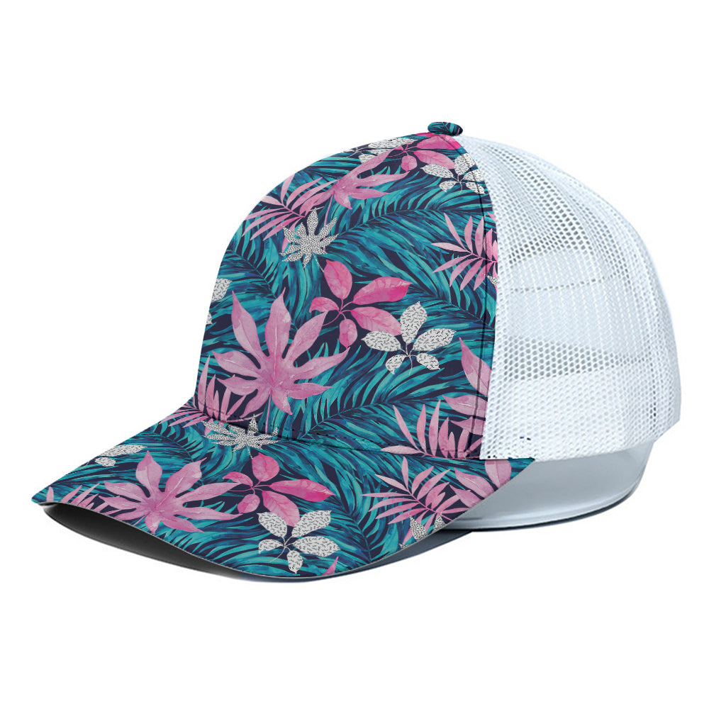 Blue And Pink Watercolor Hawaiian Print White Mesh Trucker Cap