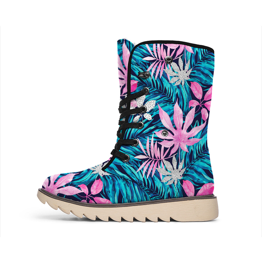Blue And Pink Watercolor Hawaiian Print Winter Boots