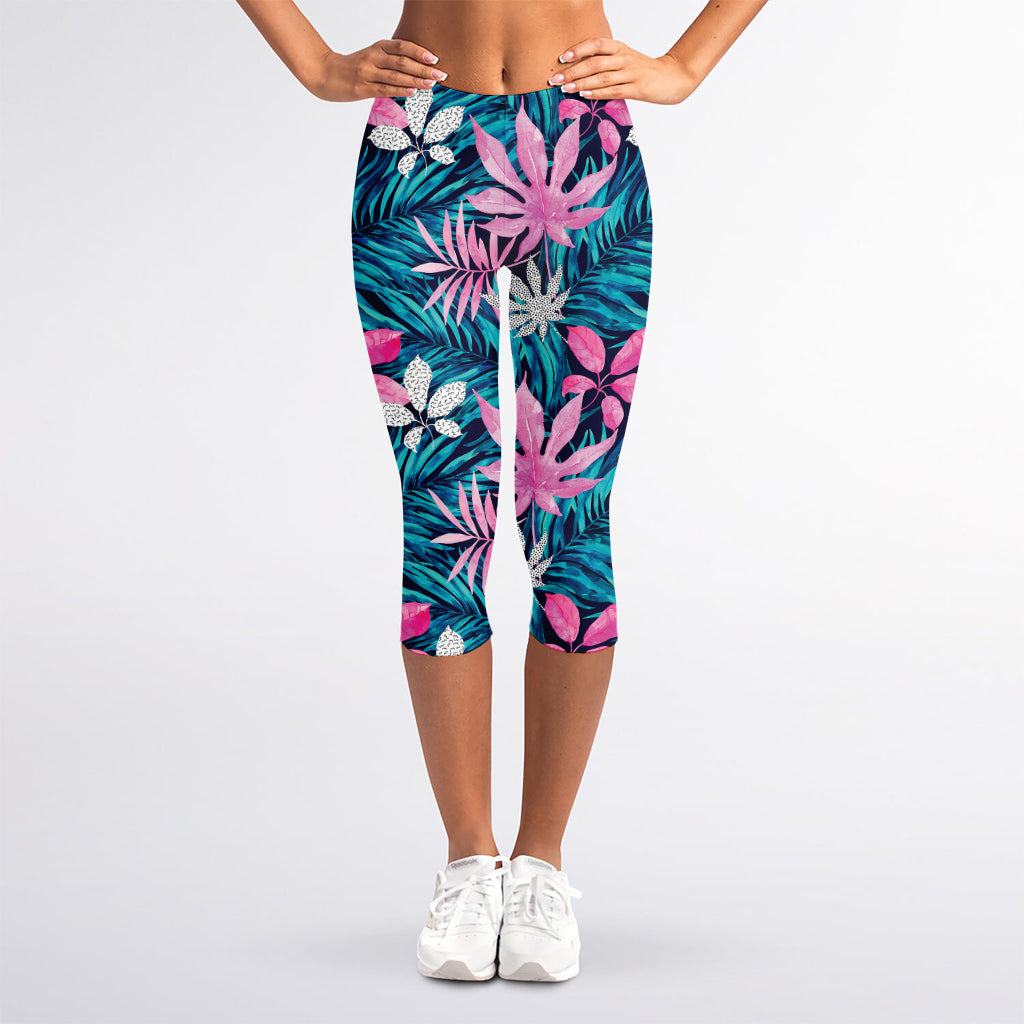 Blue And Pink Watercolor Hawaiian Print Women's Capri Leggings