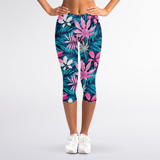 Blue And Pink Watercolor Hawaiian Print Women's Capri Leggings