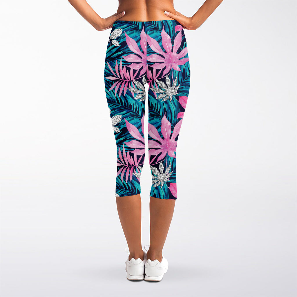 Blue And Pink Watercolor Hawaiian Print Women's Capri Leggings