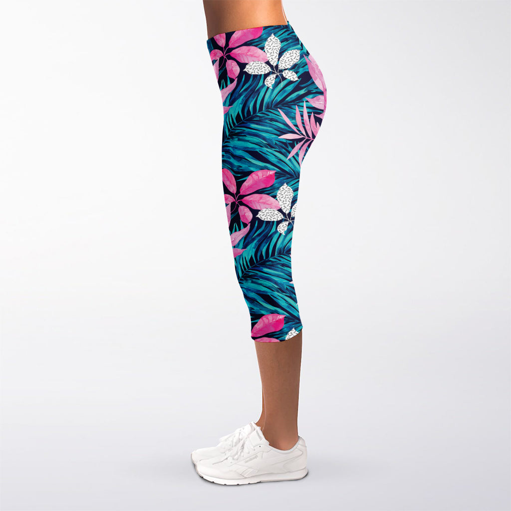 Blue And Pink Watercolor Hawaiian Print Women's Capri Leggings