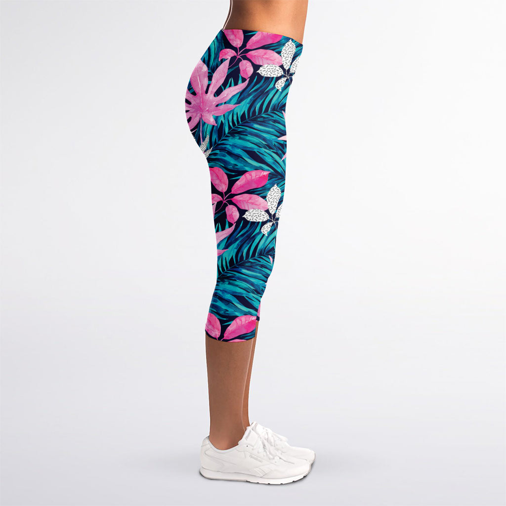 Blue And Pink Watercolor Hawaiian Print Women's Capri Leggings