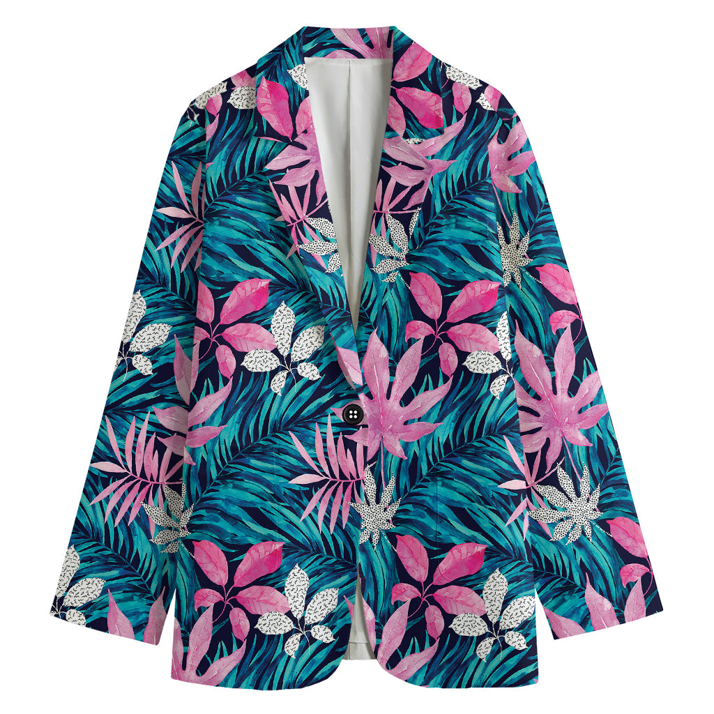 Blue And Pink Watercolor Hawaiian Print Women's Cotton Blazer