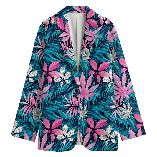 Blue And Pink Watercolor Hawaiian Print Women's Cotton Blazer